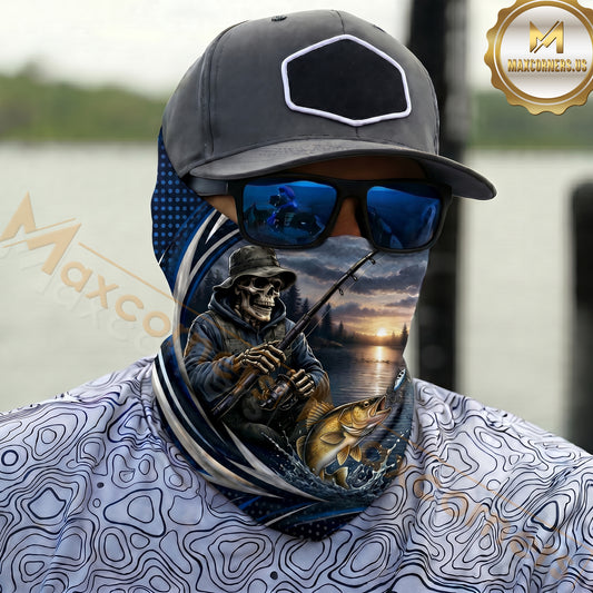 Maxcorners Fishing Skull Angler Blue Wave 3D Neck Gaiter (9 Fish Species)