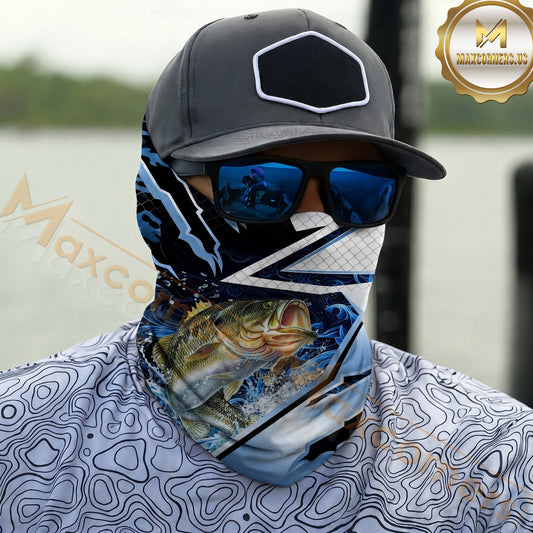 Maxcorners Fishing Splash Blue Water Hook Pattern 3D Neck Gaiter (12 Fish Species)