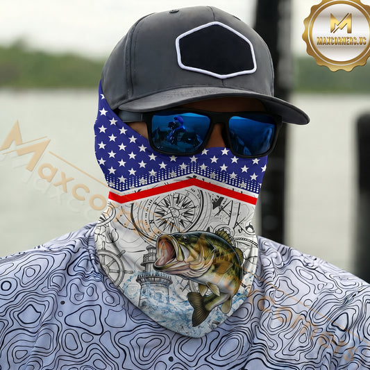 Maxcorners Fishing American Anchor Compass Lighthouse Graphic 3D Neck Gaiter (12 Fish Species)