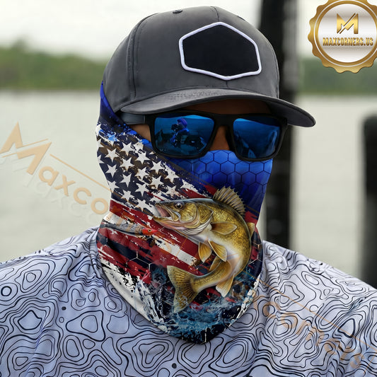Maxcorners Fishing Patriotic American Flag Camo 3D Neck Gaiter (12 Fish Species)