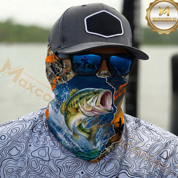 Maxcorners Fishing Blue Sunset Ocean Camo 3D Neck Gaiter (12 Fish Species)
