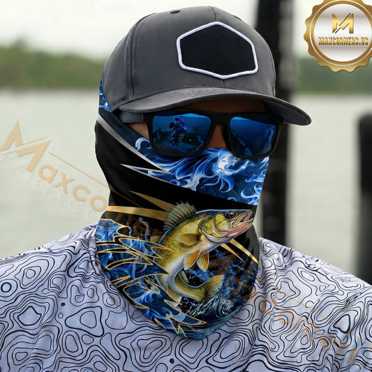 Maxcorners Fishing Flame Dark Blue Luxury Pattern 3D Neck Gaiter (12 Fish Species)