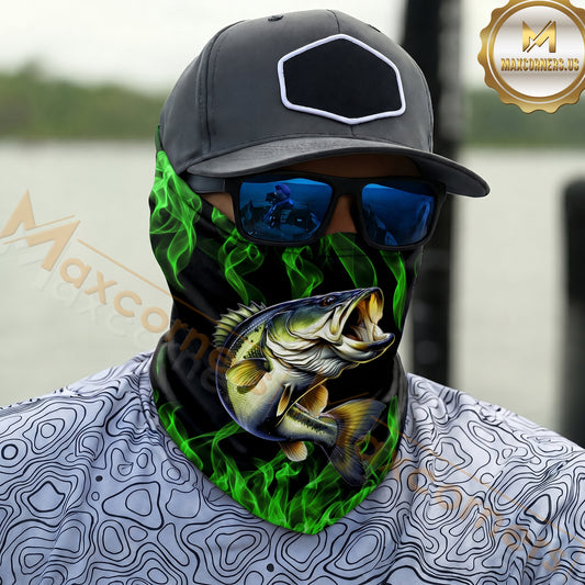 Maxcorners Fishing Neon Green Flame Black Background Art 3D Neck Gaiter (12 Fish Species)
