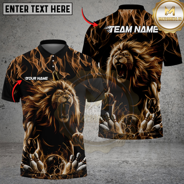 Maxcorners Custom Black And Yellow Flame Lion Bowling Men Polo Shirts, Lion Bowling Team Uniform LM253