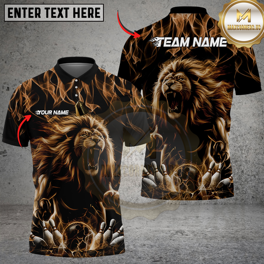 Maxcorners Custom Black And Yellow Flame Lion Bowling Men Polo Shirts, Lion Bowling Team Uniform LM253