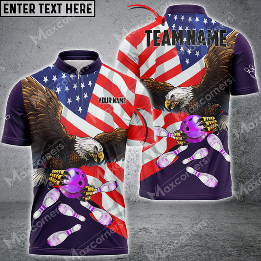 Maxcorners Bowling & Pins Eagle US Flag Multicolor Option Customized Name, Team Name 3D Polo Shirt (4 Colors)