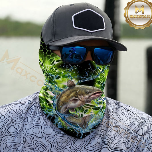 Maxcorners Fishing Neon Green Honeycomb Water Splash 3D Neck Gaiter (13 Fish Species)