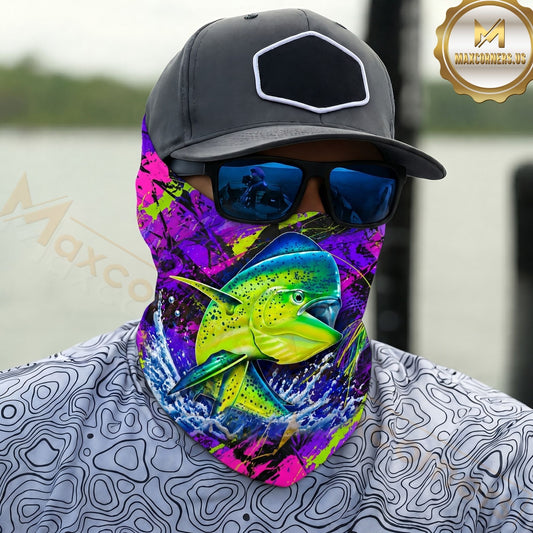 Maxcorners Fishing Mahi Mahi Neon Purple Splash 3D Neck Gaiter
