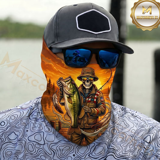 Maxcorners Fishing Patriotic Skull Angler Sunset 3D Neck Gaiter