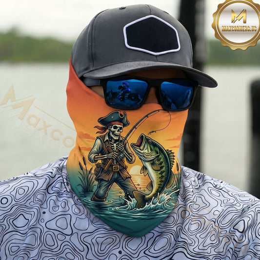 Maxcorners Fishing Skull Angler Bass Sunset 3D Neck Gaiter