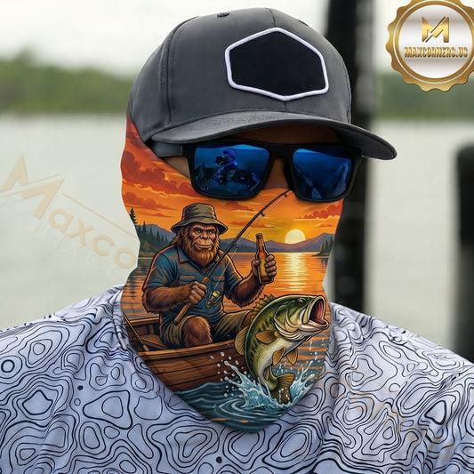 Maxcorners Fishing Bigfoot Angler Boat Lake Sunset 3D Neck Gaiter
