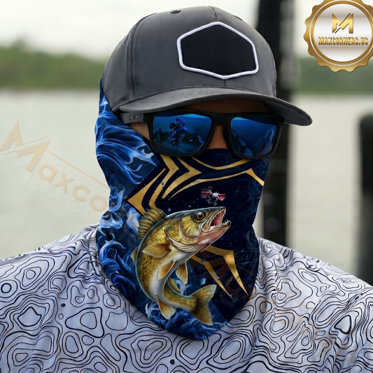 Maxcorners Fishing Blue Flame Golden Pattern 3D Neck Gaiter (13 Fish Species)