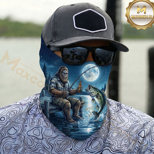 Maxcorners Fishing Bigfoot Angler Lake Moonlight 3D Neck Gaiter