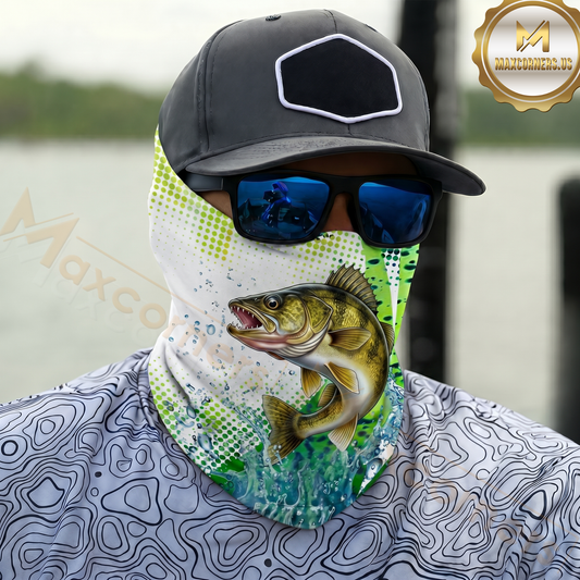Maxcorners Fishing Green Camo Water Splash 3D Neck Gaiter (13 Fish Species)