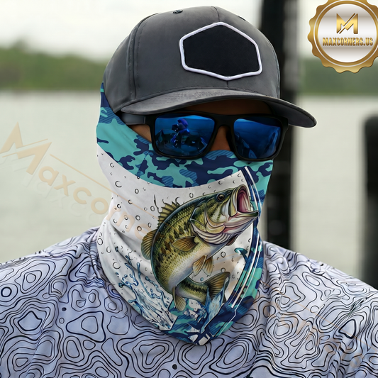 Maxcorners Fishing Blue Camo Water Splash 3D Neck Gaiter (13 Fish Species)