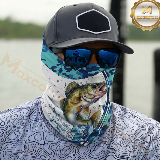 Maxcorners Fishing Blue Camo Water Splash 3D Neck Gaiter (13 Fish Species)