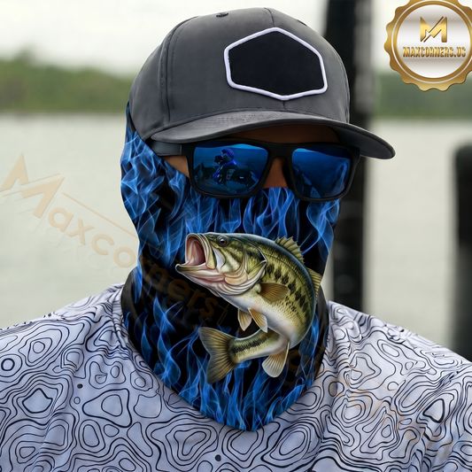 Maxcorners Fishing Blue Flame Pattern 3D Neck Gaiter (13 Fish Species)