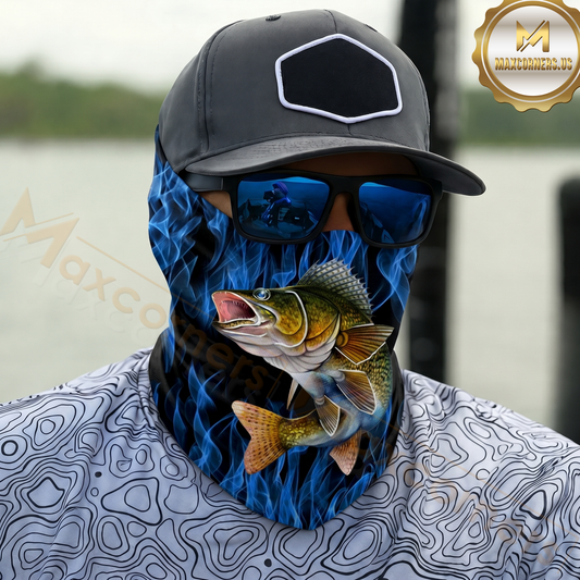 Maxcorners Fishing Blue Flame Pattern 3D Neck Gaiter (13 Fish Species)