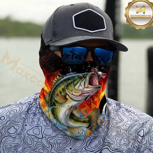 Maxcorners Fishing Fire Flame Background 3D Neck Gaiter (13 Fish Species)
