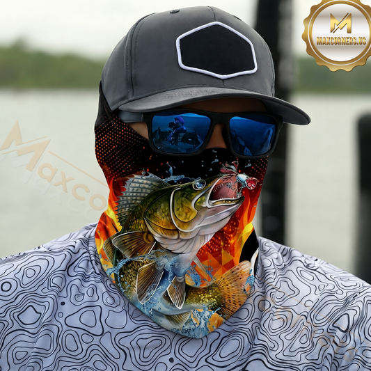 Maxcorners Fishing Fire Flame Background 3D Neck Gaiter (13 Fish Species)