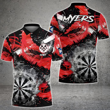 Maxcorners Red & Grey Smokes Dartboard Custom Men Darts Polo Shirts Grunge Dart League Jerseys LM2512 For Matt Myers