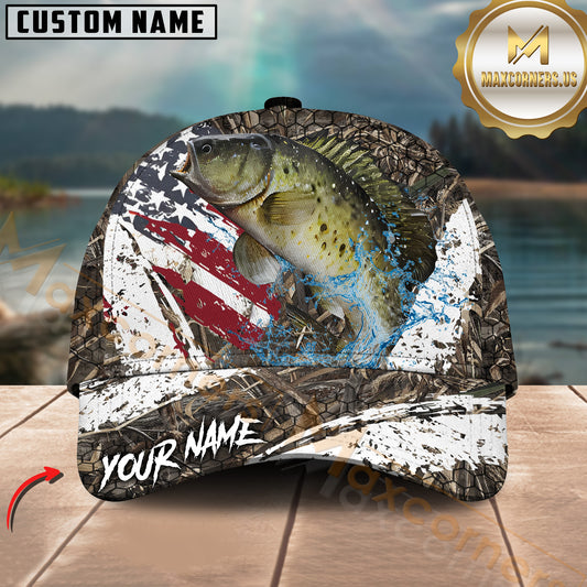 Maxcorners Crappie Fishing American Flag Scratch Grass Camo Customized Name 3D Cap