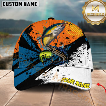 Maxcorners Mahi-Mahi, Wahoo, Tuna Fishing Orange And Black Jersey Customized Name 3D Cap