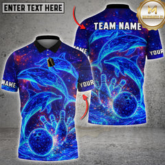 Maxcorners Bowling Cosmic Dolphin Galaxy Neon Bowling Ball & Pins Personalized Name, Team Name 3D Shirt