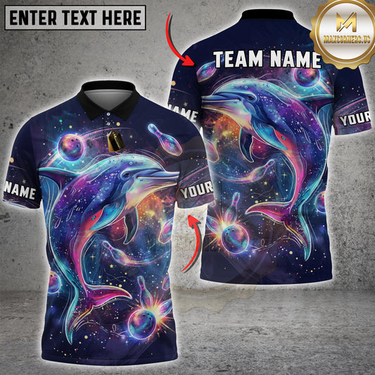 Maxcorners Bowling Space Art Dolphin Cosmic Bowling Ball & Pins Personalized Name, Team Name 3D Shirt