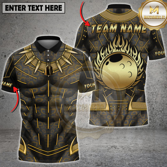 Maxcorners Bowling Black Gold Muscle Armor Flaming Bowling Ball Personalized Name, Team Name 3D Shirt