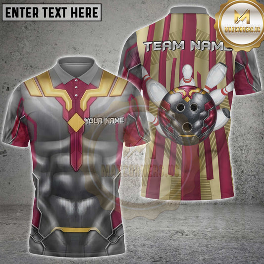 Maxcorners Bowling Mecha Armor Red Gold Striking Pins Personalized Name 3D Unisex Shirt