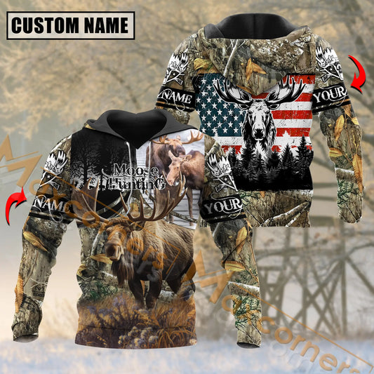 Maxcorners Moose Hunting Wild Pursuit Grass Brown Camouflage Pattern Custom Name Shirt 3D All Over Printed Clothes