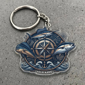 Maxcorners Tuna, Marlin, Mahi Mahi Fishing Nautical Compass Personalized Name 3D Keychain And Ornament
