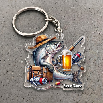 Maxcorners Salmon Fishing Beer Barrel Personalized Name 3D Keychain And Ornament