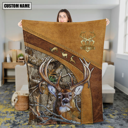 Maxcorners Whitetail Deer Hunting Leather Stitching Woodland Scene Personalized Name 3D Blanket
