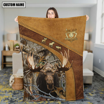 Maxcorners Moose Hunting Leather Stitching Woodland Scene Personalized Name 3D Blanket