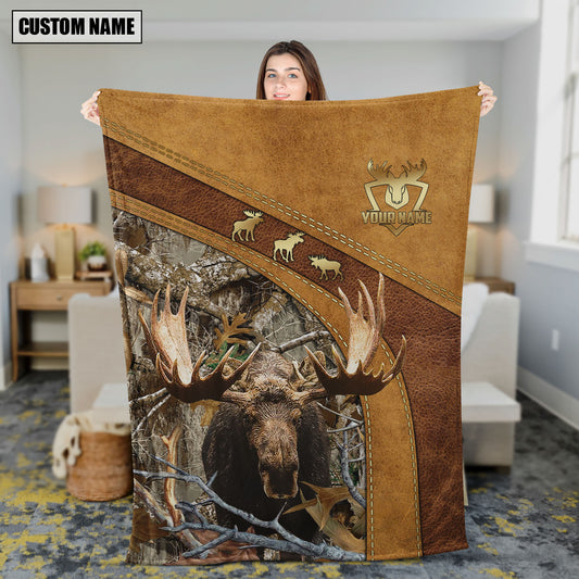 Maxcorners Moose Hunting Leather Stitching Woodland Scene Personalized Name 3D Blanket