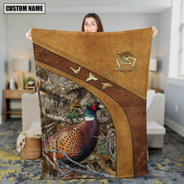 Maxcorners Pheasant Hunting Leather Stitching Woodland Scene Personalized Name 3D Blanket