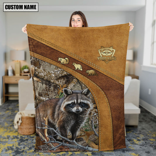 Maxcorners Raccoon Hunting Leather Stitching Woodland Scene Personalized Name 3D Blanket