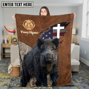 Maxcorners Boar Hunting Leather Texture Cross & American Flag Personalized Name 3D Blanket