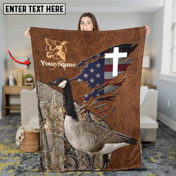 Maxcorners Goose Hunting Leather Texture Cross & American Flag Personalized Name 3D Blanket