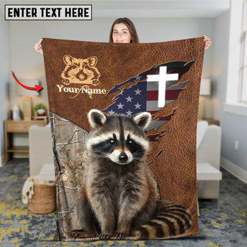 Maxcorners Raccoon Hunting Leather Texture Cross & American Flag Personalized Name 3D Blanket