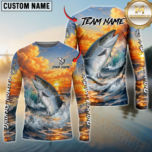 Maxcorners Fishing Ocean Sunset Wave Custom Name & Team Name 3D Shirts