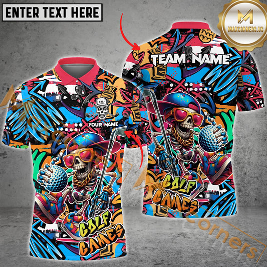 Maxcorners Golf Funny Skull Colorful Graffiti Multicolor Option Customized Name, Team Name 3D Polo Shirt