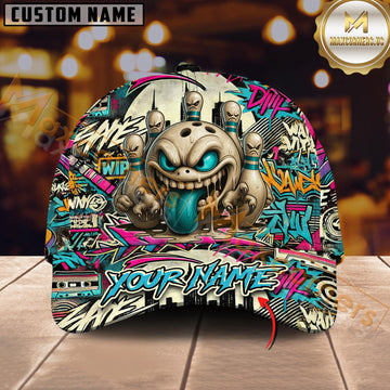 Maxcorners Bowling Mad Bowl Graffiti Style Multicolor Personalized Name 3D Cap
