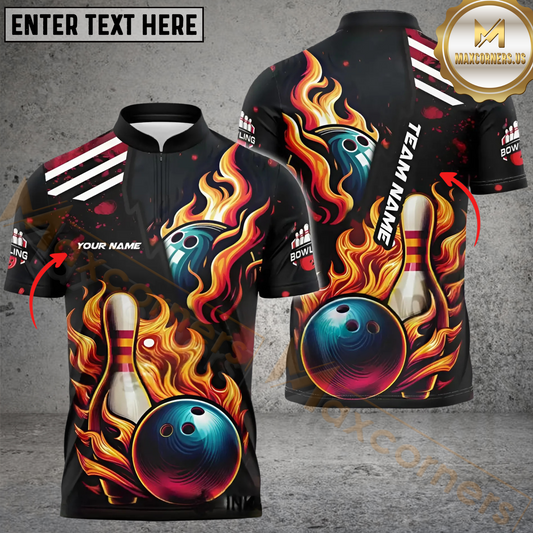 Maxcorners Bowling Ball And Pins Vintage Flame Multicolor Options Personalized Name, Team Name 3D Shirt