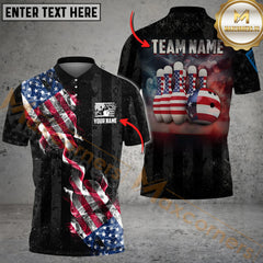 Maxcorners American Flag Retro Bowling Jersey Customized Name, Team Name 3D Polo Shirt
