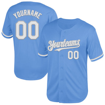 Maxcorners Custom Light Blue White-Gray Mesh Authentic Throwback Baseball Jersey LM2605