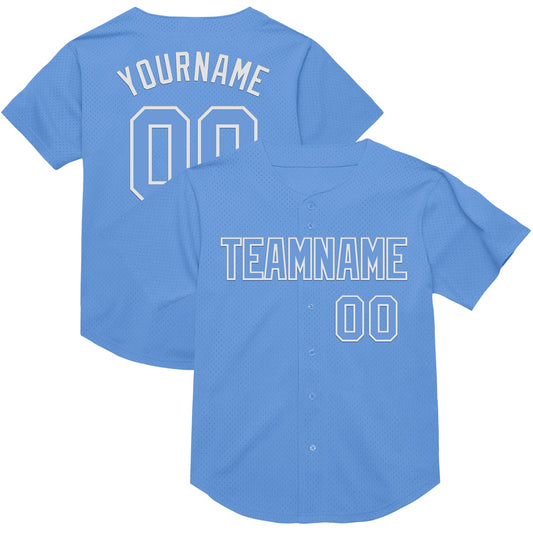 Maxcorners Custom Light Blue White Mesh Authentic Throwback Baseball Jersey LM2605