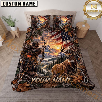 Maxcorners Bow Hunting Wildlife American Flag Personalized Name Multiple Options 3D Printed Bedding Set